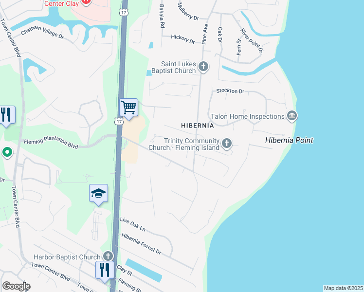 map of restaurants, bars, coffee shops, grocery stores, and more near 1815 Old Fleming Grove Road in Fleming Island