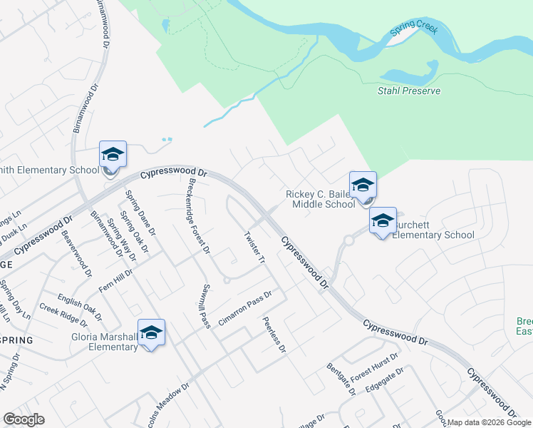 map of restaurants, bars, coffee shops, grocery stores, and more near 23556 Cypresswood Drive in Spring