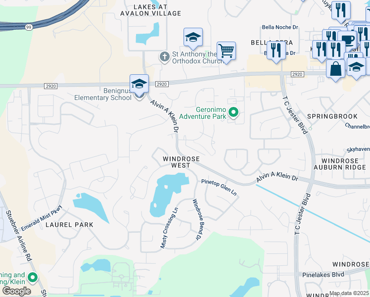 map of restaurants, bars, coffee shops, grocery stores, and more near 6919 Autumn Rain Lane in Spring
