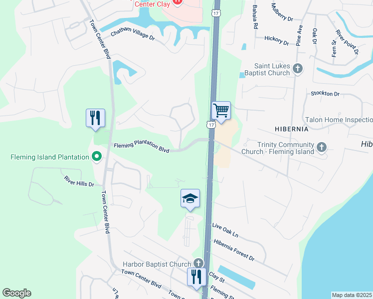 map of restaurants, bars, coffee shops, grocery stores, and more near 1115 Fleming Plantation Boulevard in Fleming Island