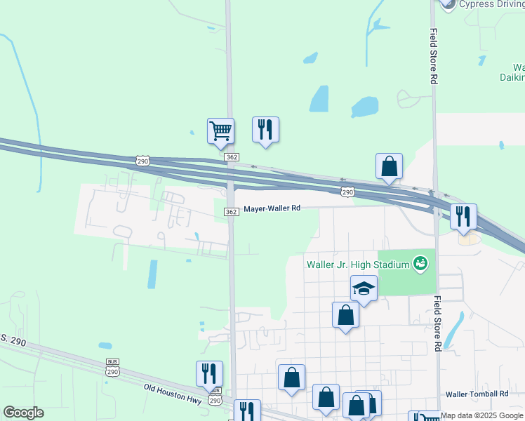 map of restaurants, bars, coffee shops, grocery stores, and more near 3027 Mayer-Waller Road in Waller