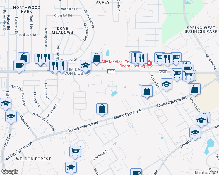 map of restaurants, bars, coffee shops, grocery stores, and more near 2953 Farm to Market 2920 in Spring