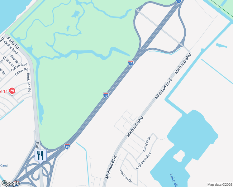 map of restaurants, bars, coffee shops, grocery stores, and more near 55197 Michoud Boulevard in New Orleans