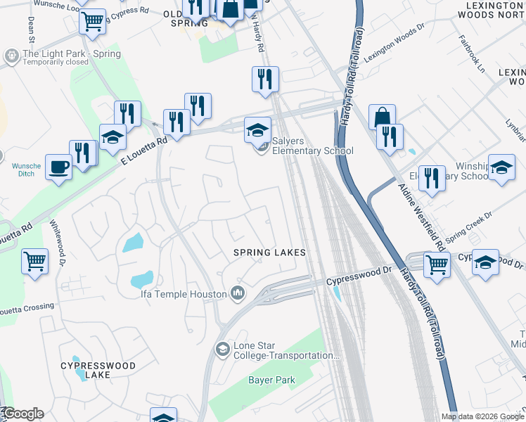 map of restaurants, bars, coffee shops, grocery stores, and more near 1023 Spring Lakes Haven in Spring
