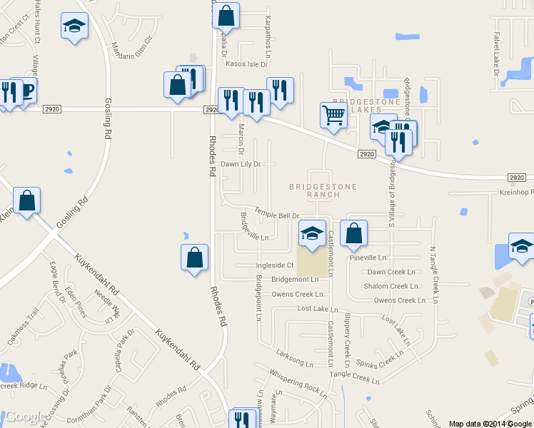 map of restaurants, bars, coffee shops, grocery stores, and more near 4902 Temple Bell Drive in Spring