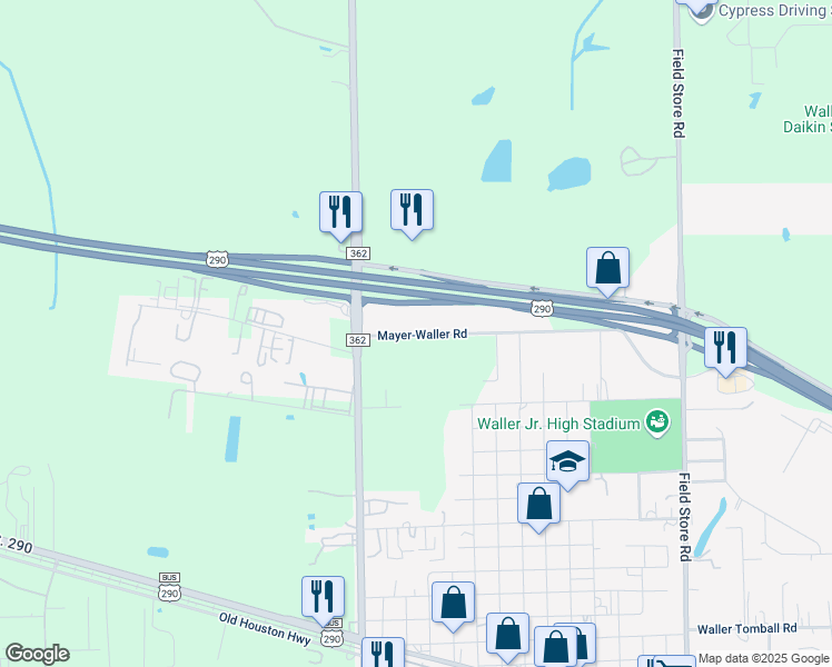 map of restaurants, bars, coffee shops, grocery stores, and more near 3027 Mayer Waller Road in Waller