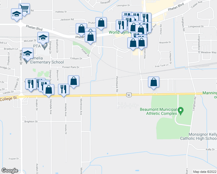 map of restaurants, bars, coffee shops, grocery stores, and more near 790 Pinchback Road in Beaumont