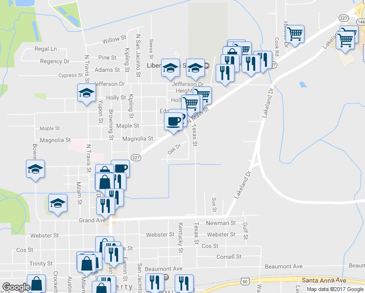 map of restaurants, bars, coffee shops, grocery stores, and more near 1016 Oak Drive in Liberty