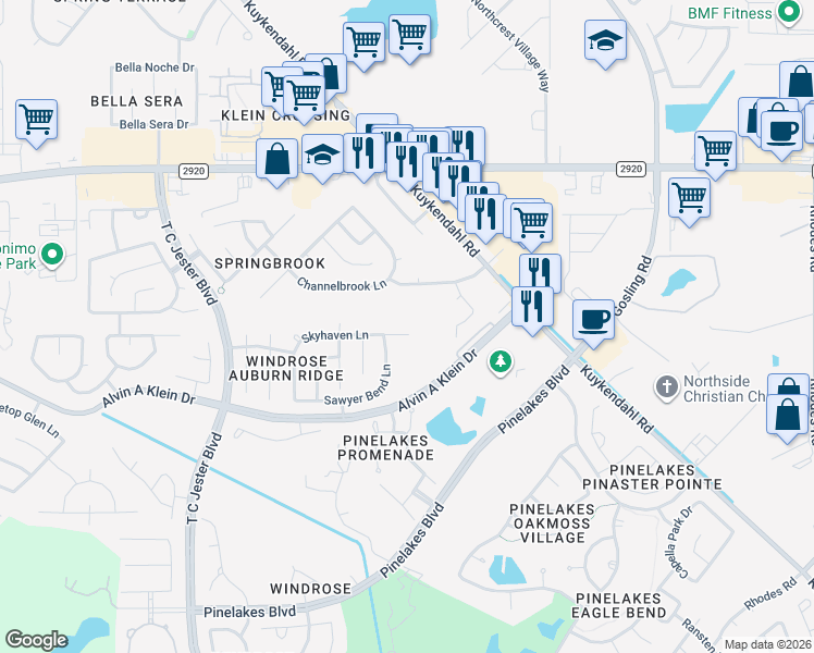 map of restaurants, bars, coffee shops, grocery stores, and more near 5822 Skyhaven Lane in Spring