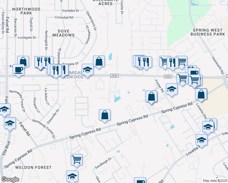 map of restaurants, bars, coffee shops, grocery stores, and more near 2929 Farm to Market 2920 in Spring