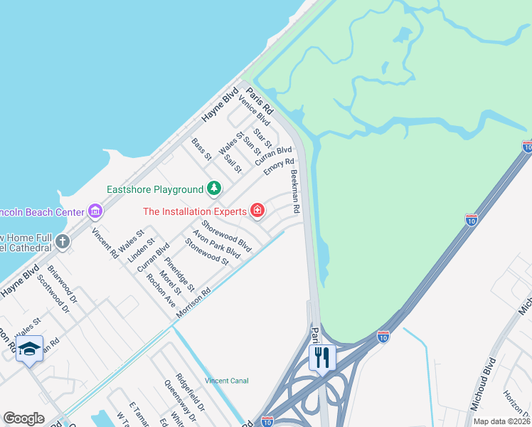 map of restaurants, bars, coffee shops, grocery stores, and more near 14528 Duane Road in New Orleans