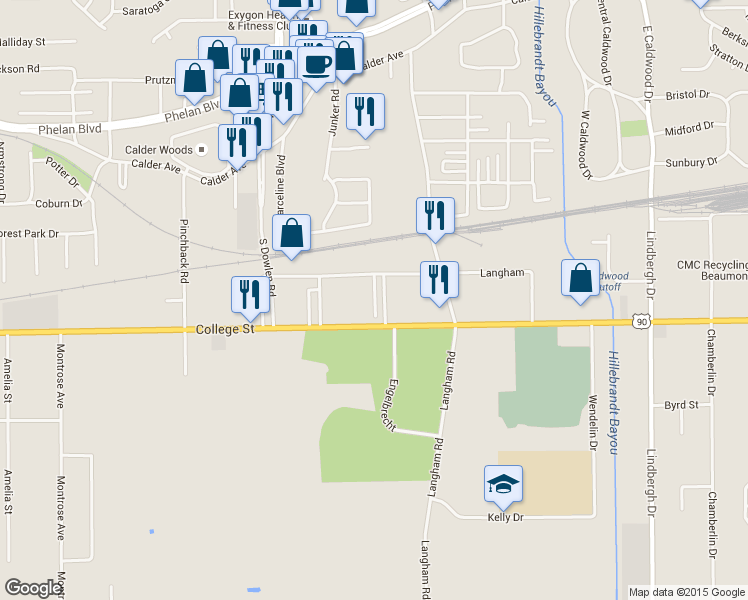 map of restaurants, bars, coffee shops, grocery stores, and more near 6370 College Street in Beaumont