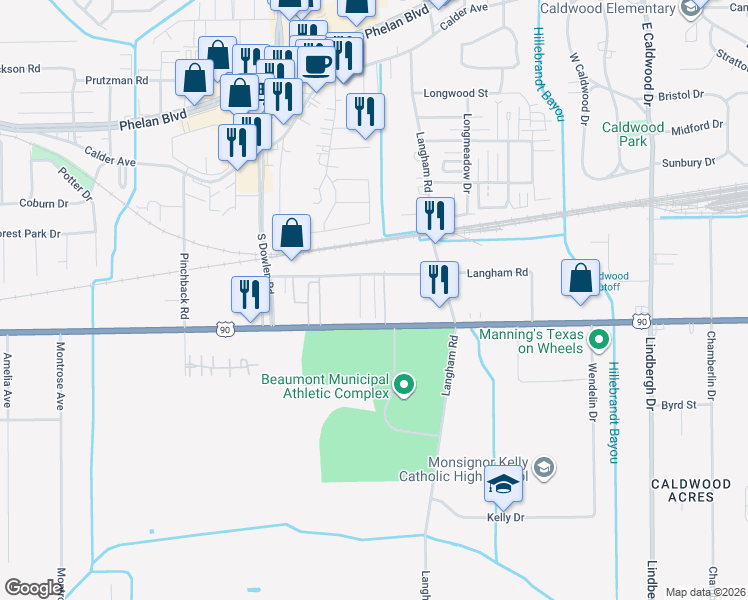 map of restaurants, bars, coffee shops, grocery stores, and more near 6370 College Street in Beaumont