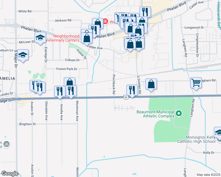 map of restaurants, bars, coffee shops, grocery stores, and more near 782 Pinchback Road in Beaumont