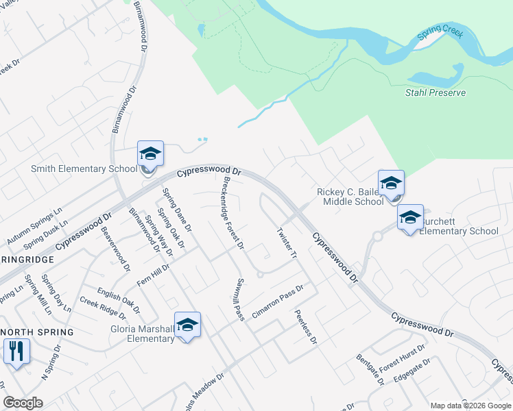 map of restaurants, bars, coffee shops, grocery stores, and more near 3218 Falcon Trail Drive in Spring