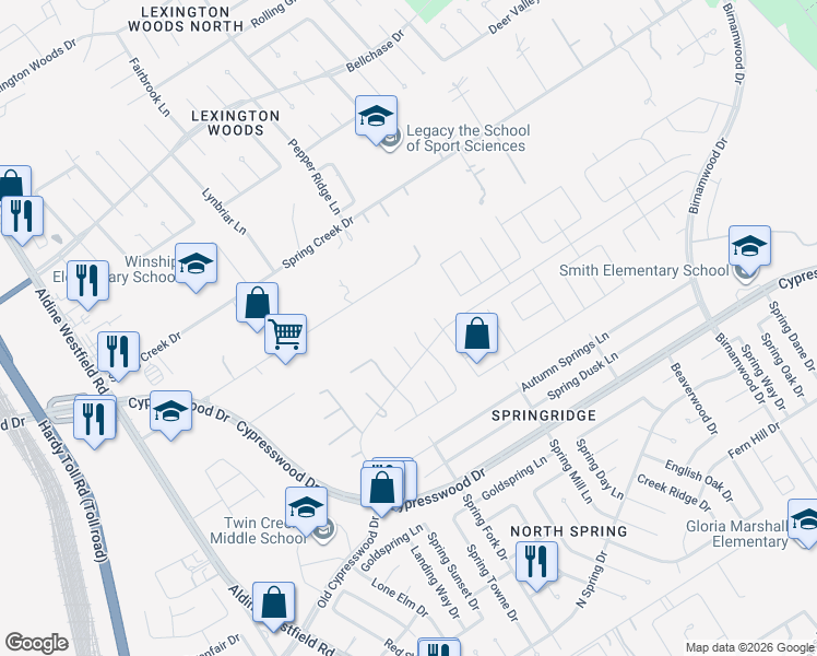 map of restaurants, bars, coffee shops, grocery stores, and more near 24619 Fort Path Drive in Spring