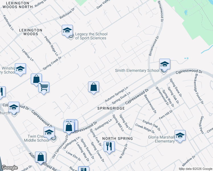 map of restaurants, bars, coffee shops, grocery stores, and more near 24511 Split Rail Ridge in Spring