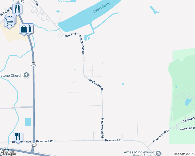 map of restaurants, bars, coffee shops, grocery stores, and more near 210 Chesson Lane in Liberty