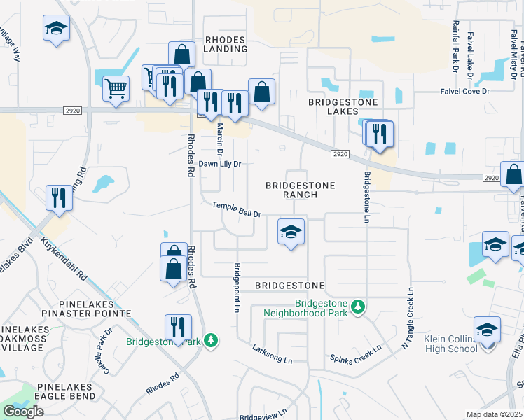 map of restaurants, bars, coffee shops, grocery stores, and more near 20806 Roydencrest Drive in Spring