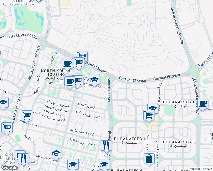 map of restaurants, bars, coffee shops, grocery stores, and more near in New Cairo 1