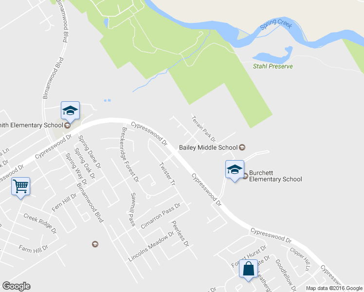 map of restaurants, bars, coffee shops, grocery stores, and more near Homestead Pass Drive in Spring