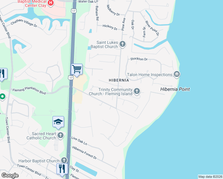 map of restaurants, bars, coffee shops, grocery stores, and more near 1820 Old Fleming Grove Road in Fleming Island