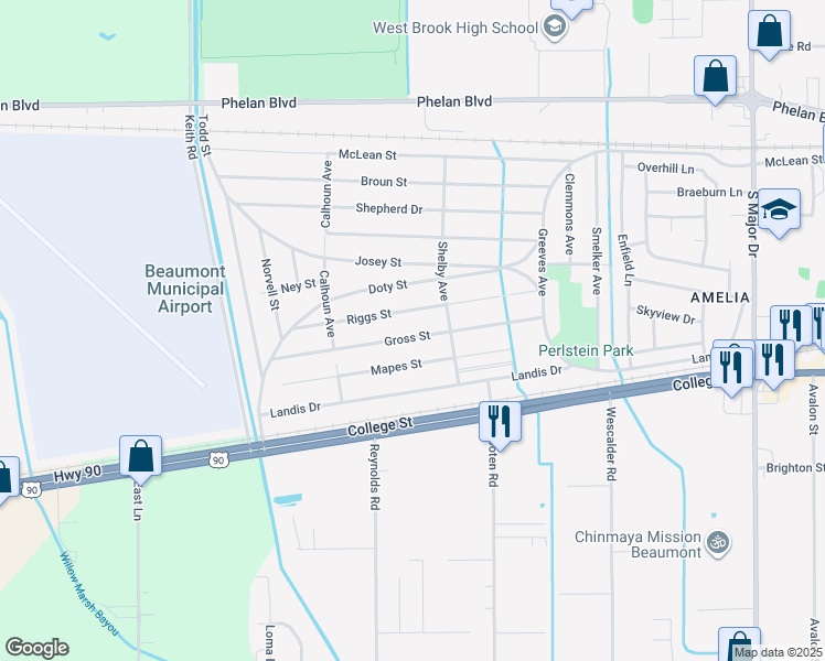 map of restaurants, bars, coffee shops, grocery stores, and more near 9370 Gross Street in Beaumont