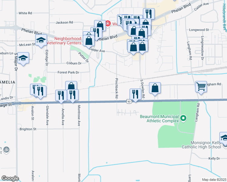 map of restaurants, bars, coffee shops, grocery stores, and more near 782 Pinchback Road in Beaumont