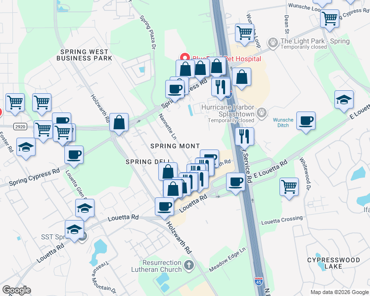 map of restaurants, bars, coffee shops, grocery stores, and more near 20622 Nannette Lane in Spring