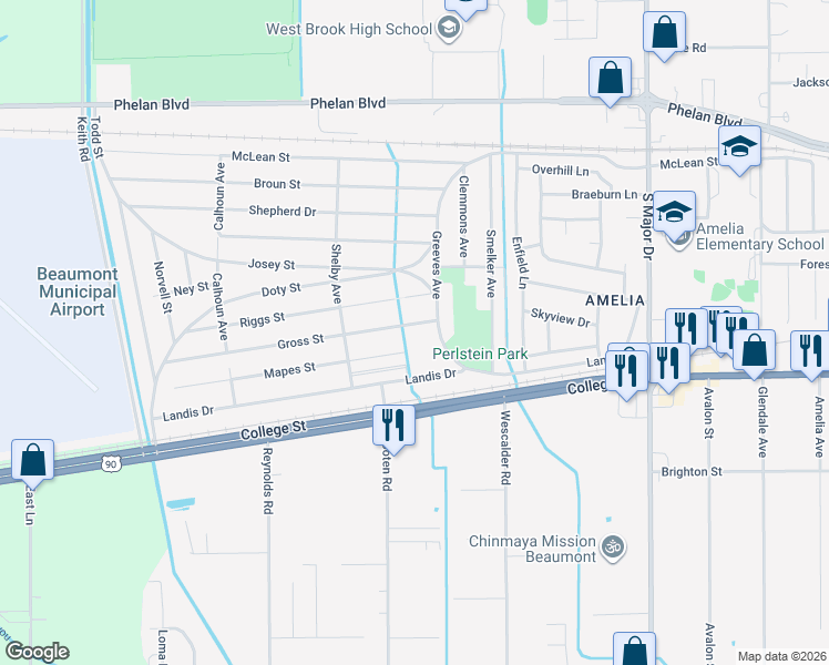 map of restaurants, bars, coffee shops, grocery stores, and more near 9115 Gross Street in Beaumont