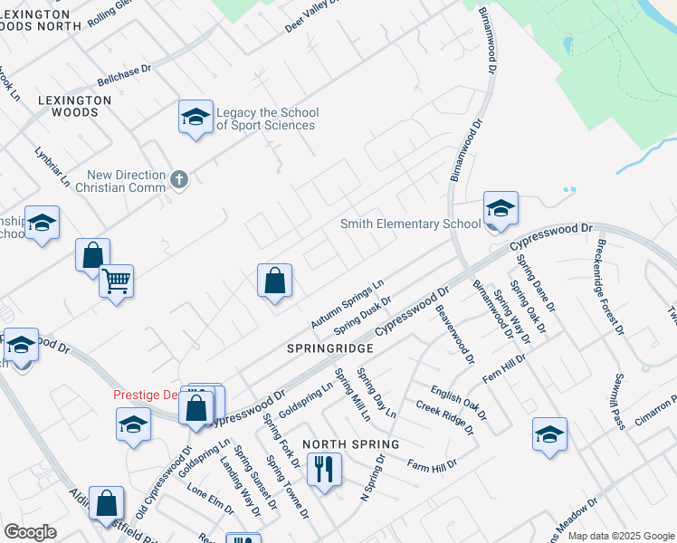 map of restaurants, bars, coffee shops, grocery stores, and more near 2615 Broad Timbers Drive in Spring