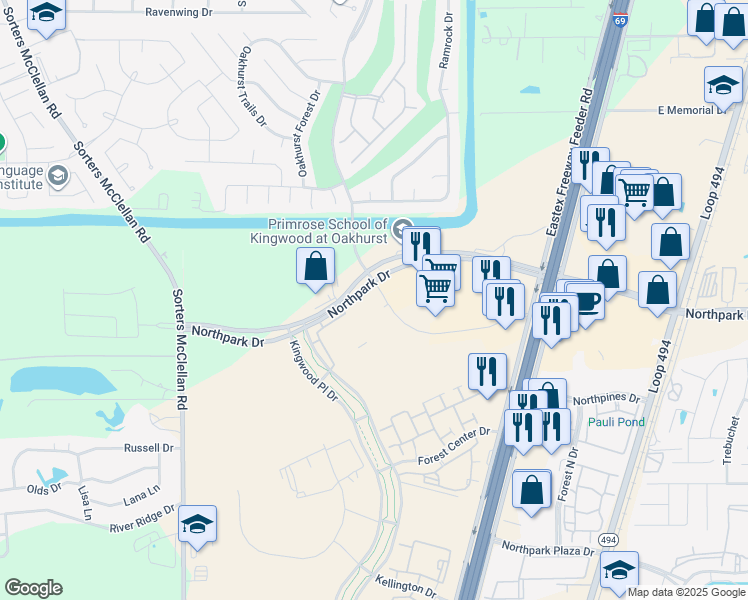 map of restaurants, bars, coffee shops, grocery stores, and more near 21919 Northpark Drive in Houston