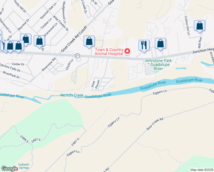 map of restaurants, bars, coffee shops, grocery stores, and more near 52 Maple Drive South in Kerrville