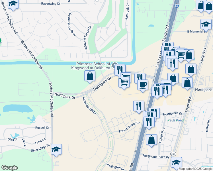 map of restaurants, bars, coffee shops, grocery stores, and more near 21919 Northpark Drive in Houston