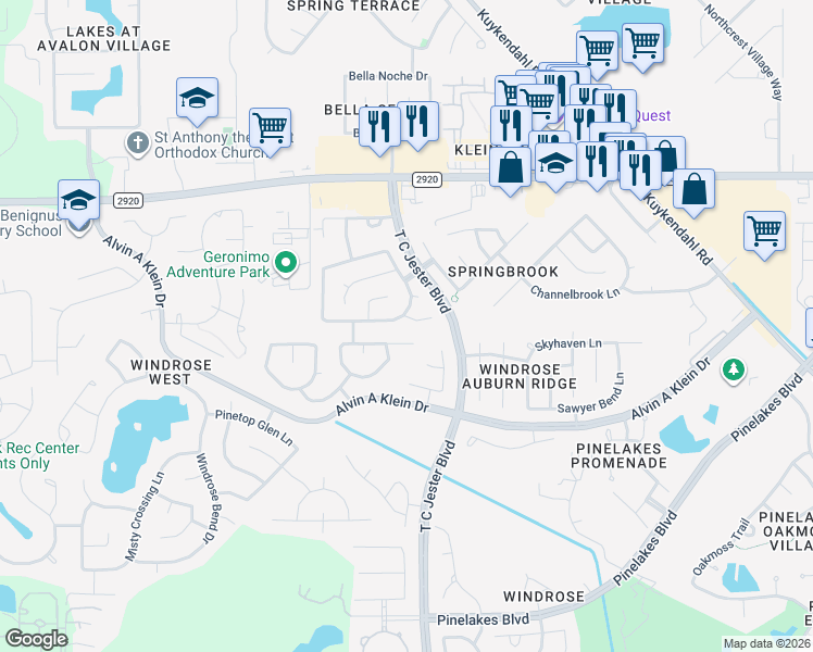map of restaurants, bars, coffee shops, grocery stores, and more near 6419 Lily Hollow Court in Spring