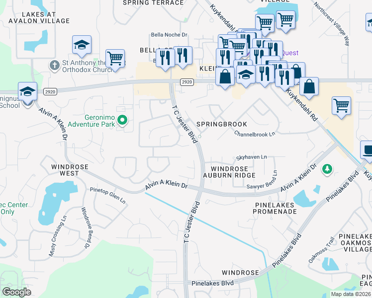 map of restaurants, bars, coffee shops, grocery stores, and more near 6419 Lily Hollow Court in Spring