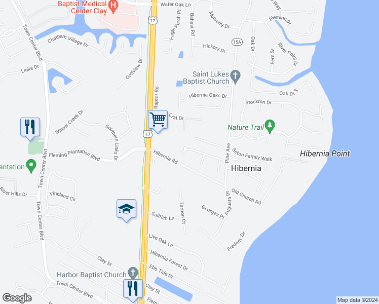map of restaurants, bars, coffee shops, grocery stores, and more near 1851 Old Fleming Grove Road in Fleming Island