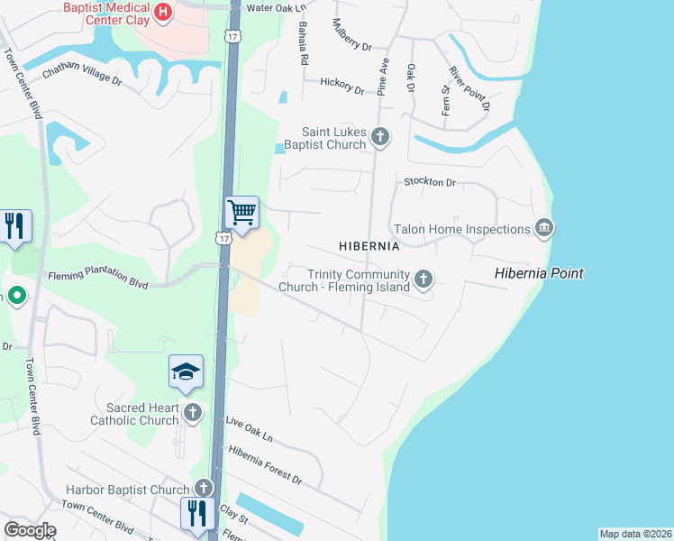 map of restaurants, bars, coffee shops, grocery stores, and more near 1820 Old Fleming Grove Road in Fleming Island