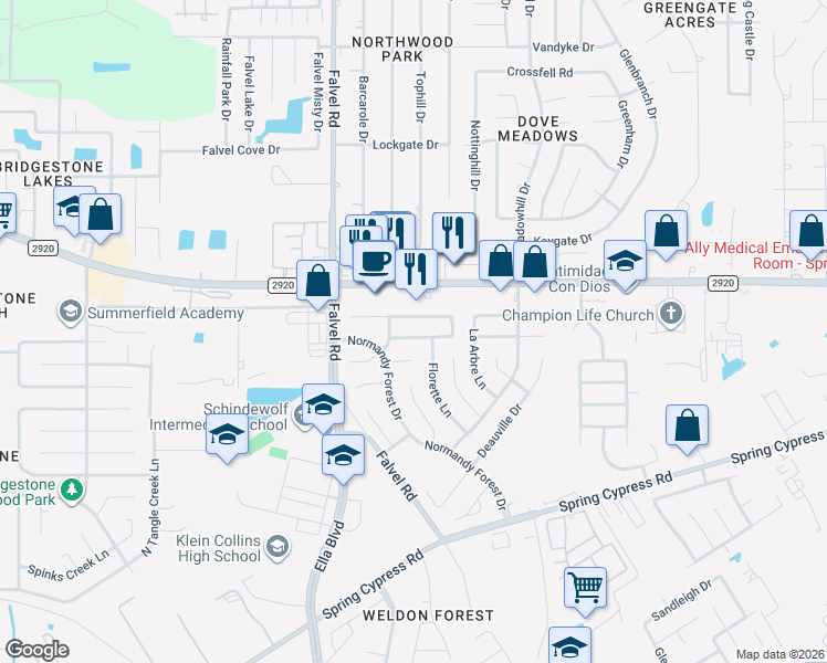 map of restaurants, bars, coffee shops, grocery stores, and more near 3314 Colleville Sur Mer Ln in Spring