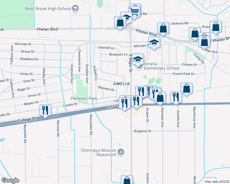 map of restaurants, bars, coffee shops, grocery stores, and more near 8645 Skyview Drive in Beaumont