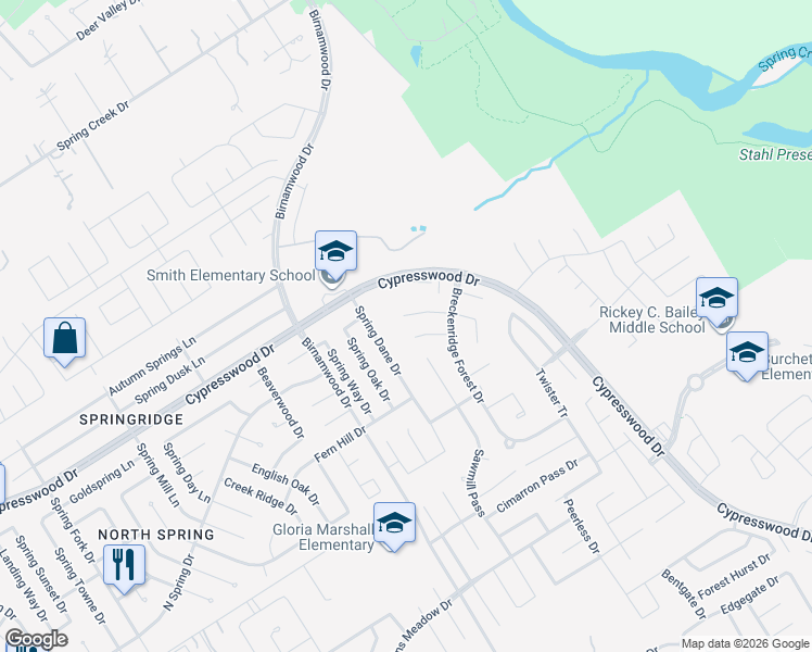 map of restaurants, bars, coffee shops, grocery stores, and more near 3010 Trinity Pass Court in Spring