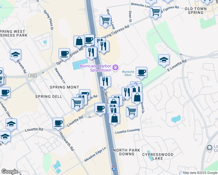 map of restaurants, bars, coffee shops, grocery stores, and more near 20934 North Freeway in Spring