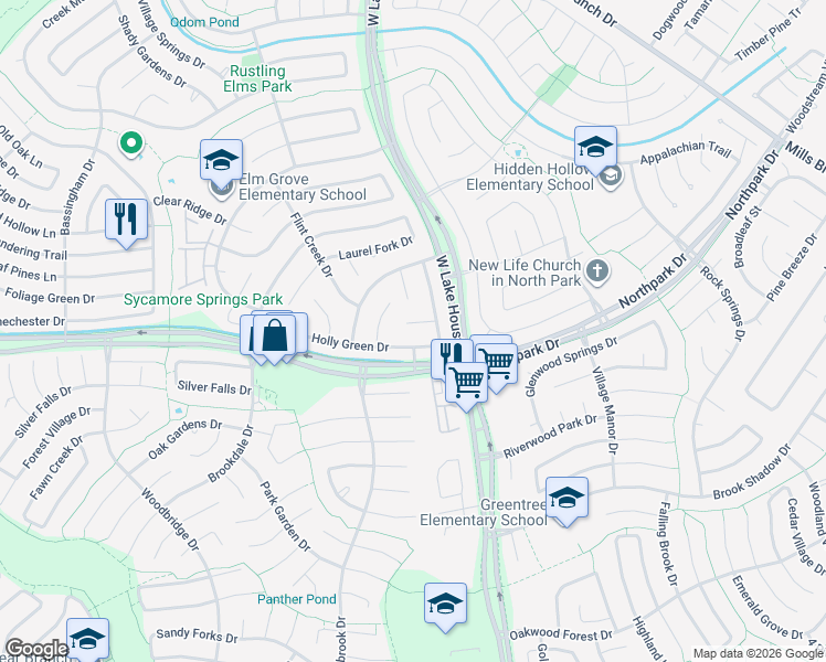 map of restaurants, bars, coffee shops, grocery stores, and more near 3306 Big Spruce Drive in Humble