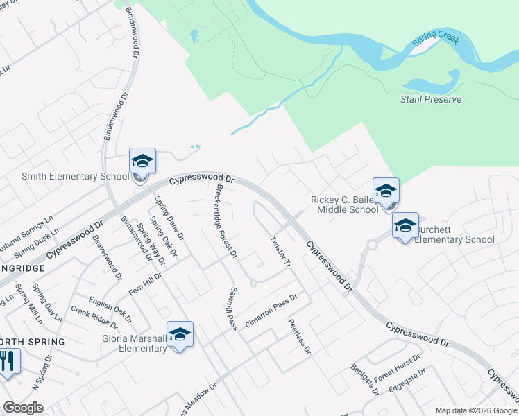 map of restaurants, bars, coffee shops, grocery stores, and more near 3218 Falcon Trail Drive in Spring