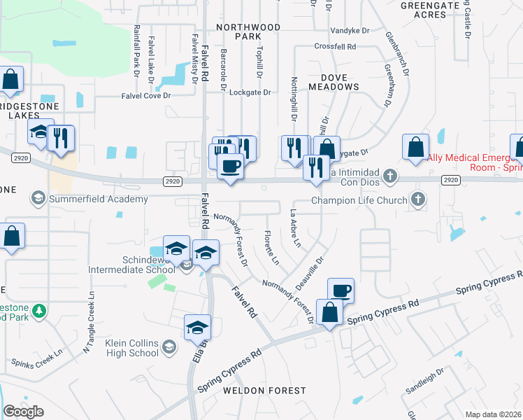 map of restaurants, bars, coffee shops, grocery stores, and more near 3314 Colleville Sur Mer Lane in Spring