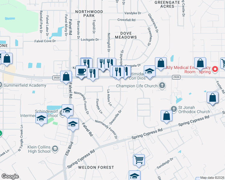 map of restaurants, bars, coffee shops, grocery stores, and more near 3422 La Mer Ln in Spring