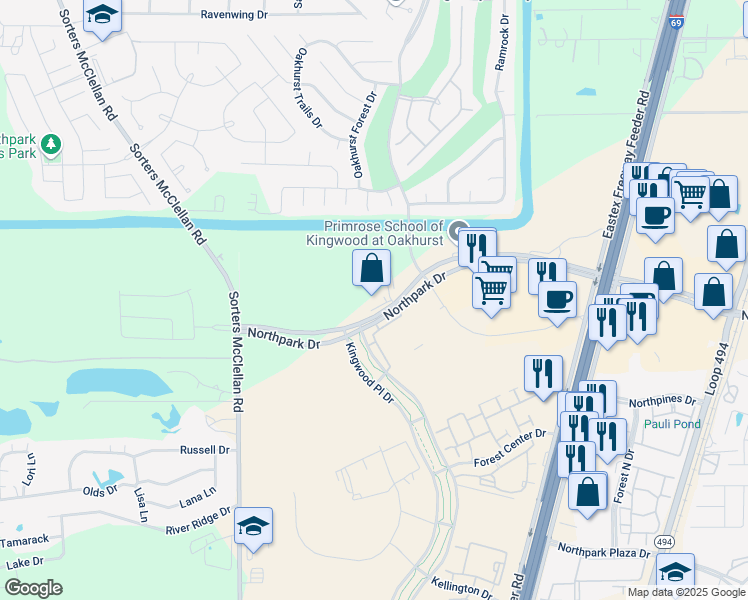 map of restaurants, bars, coffee shops, grocery stores, and more near 22000 Northpark Drive in Humble