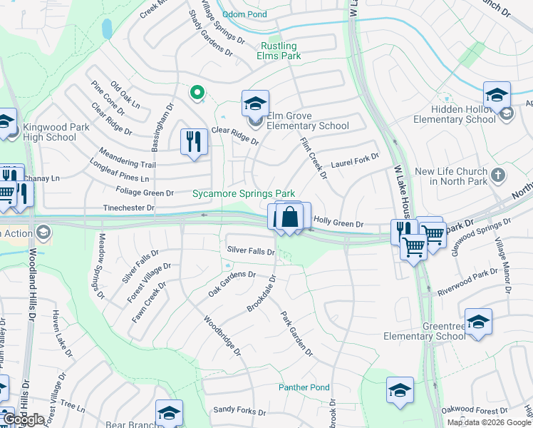map of restaurants, bars, coffee shops, grocery stores, and more near 2832 Elm Grove Court in Humble