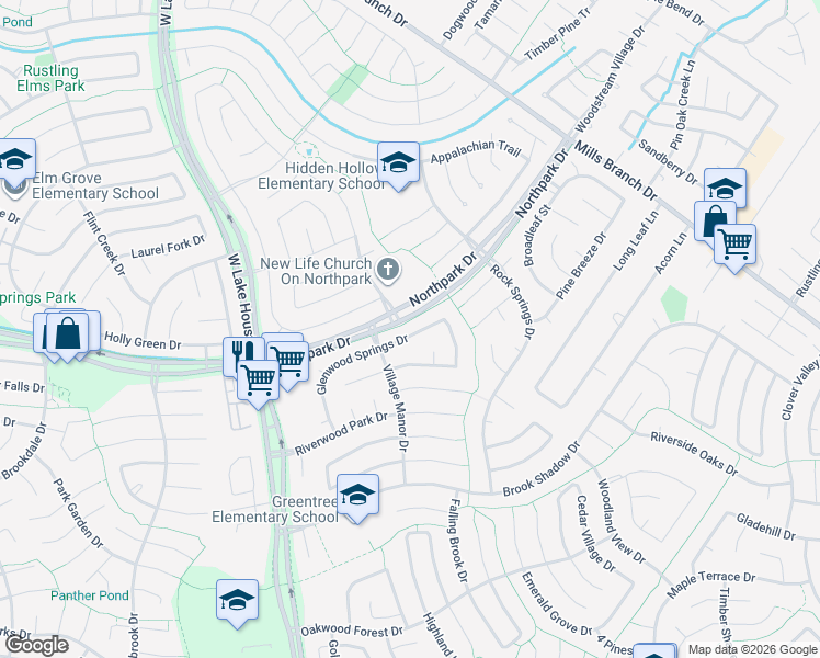 map of restaurants, bars, coffee shops, grocery stores, and more near 3723 Glenwood Springs Drive in Humble
