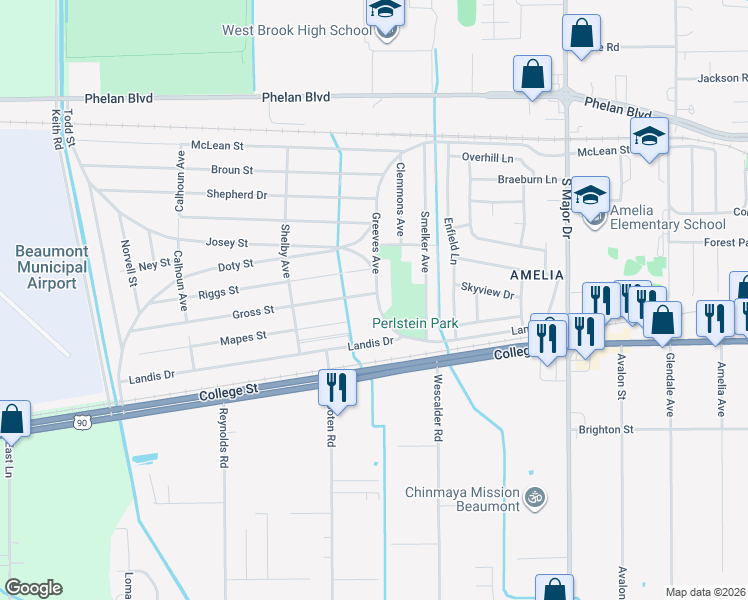 map of restaurants, bars, coffee shops, grocery stores, and more near 9115 Gross Street in Beaumont